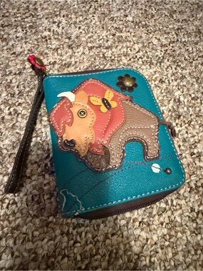 Vintage CHALA - Teal Zip Wallet with Colorful Buffalo Applique